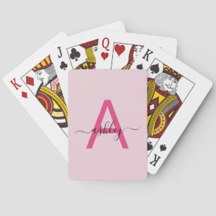Hot Pink Modern Script Girly Monogram Name Poker Cards