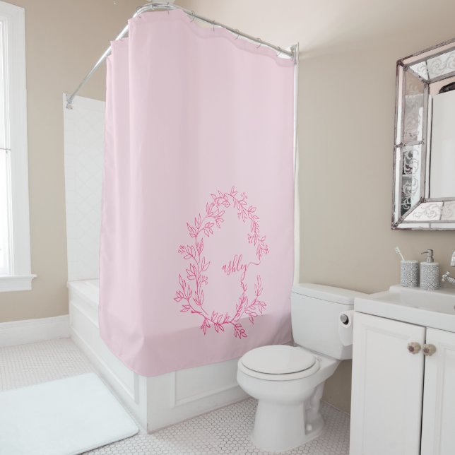 Hot Pink Modern Script Girly Monogram Name Shower Curtain (In Situ)