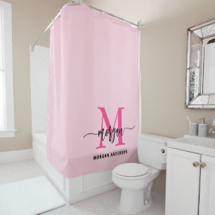 Hot Pink Modern Script Girly Monogram Name Shower Curtain