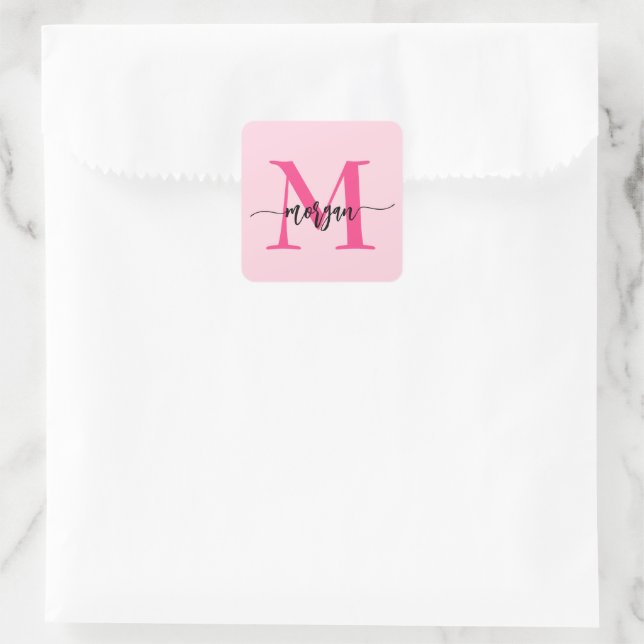 Hot Pink Modern Script Girly Monogram Name Square Sticker (Bag)