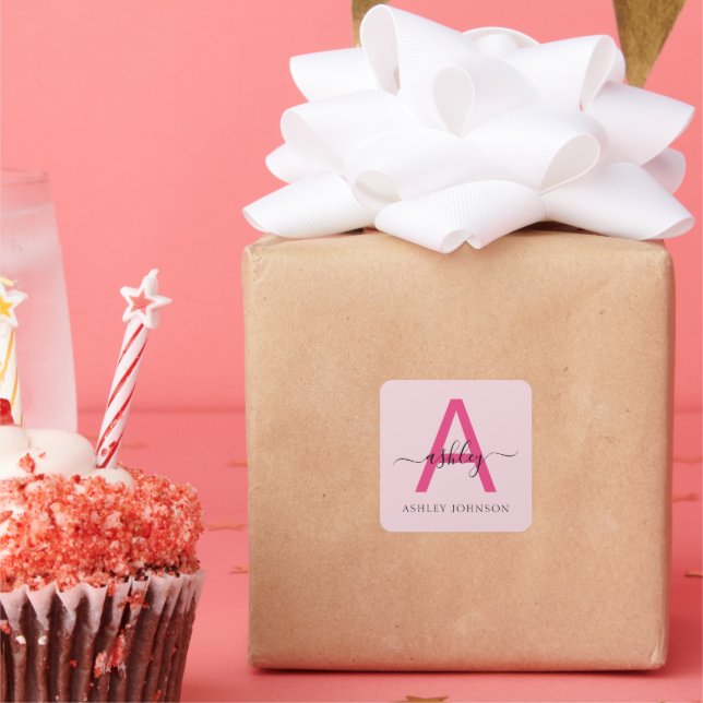 Hot Pink Modern Script Girly Monogram Name Square Sticker (Party)
