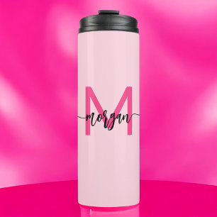 Hot Pink Modern Script Girly Monogram Name Thermal Tumbler
