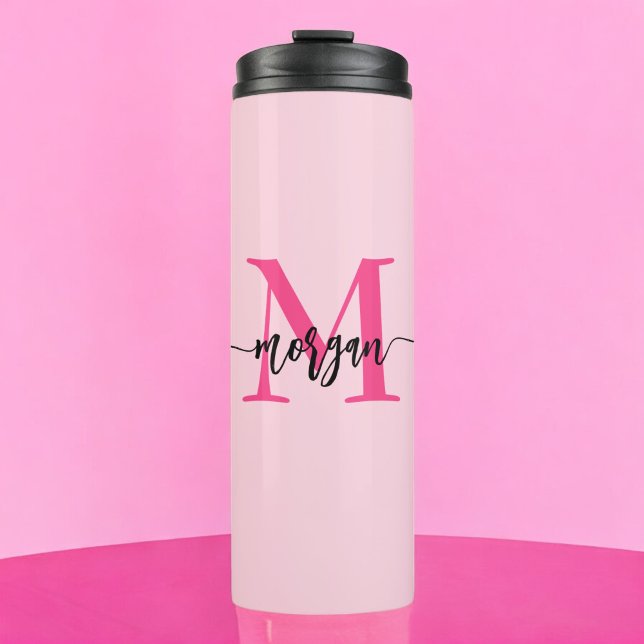 Hot Pink Modern Script Girly Monogram Name Thermal Tumbler (Creator Uploaded)
