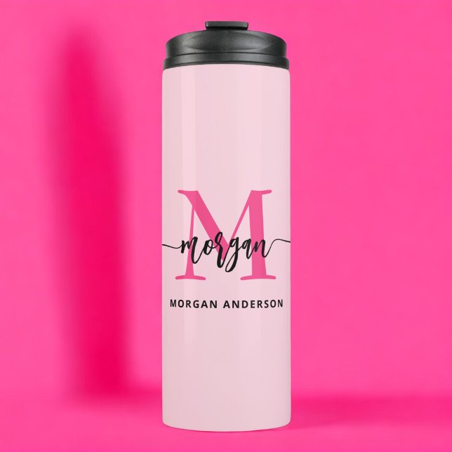 Hot Pink Modern Script Girly Monogram Name Thermal Tumbler (Creator Uploaded)