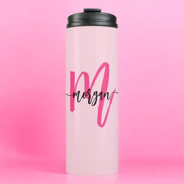Hot Pink Modern Script Girly Monogram Name Thermal Tumbler (Creator Uploaded)