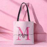 Hot Pink Modern Script Girly Monogram Name Tote Bag<br><div class="desc">Carry your essentials in style with our Hot Pink Modern Script Girly Monogram Name Tote Bag! Featuring a bold hot pink design, this tote is personalized with your name in a chic modern script for a trendy, custom look. Perfect for shopping, school, or everyday use, it offers ample space and...</div>