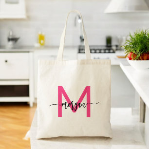 Hot Pink Modern Script Girly Monogram Name Tote Bag