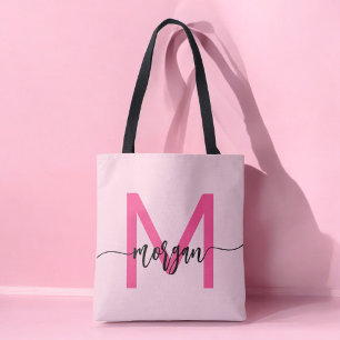 Hot Pink Modern Script Girly Monogram Name Tote Bag