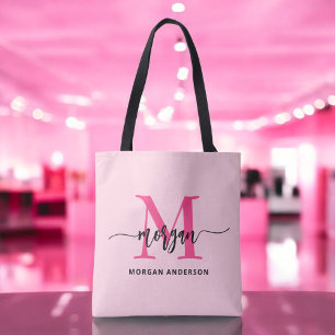 Hot Pink Modern Script Girly Monogram Name Tote Bag
