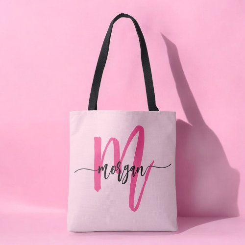 Hot Pink Modern Script Girly Monogram Name Tote Bag