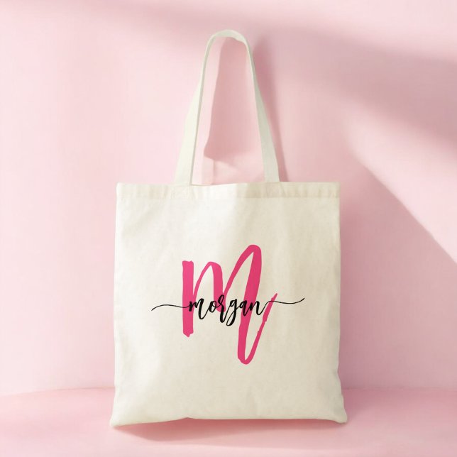 Hot Pink Modern Script Girly Monogram Name Tote Bag (Creator Uploaded)