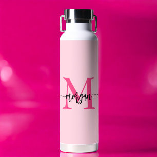 Hot Pink Modern Script Girly Monogram Name Water Bottle