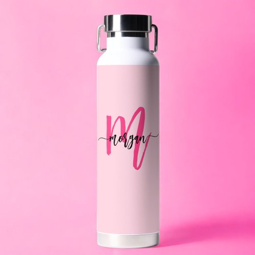 Hot Pink Modern Script Girly Monogram Name Water Bottle