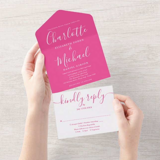Hot Pink Modern Script Minimalist Wedding All In One Invitation (Tearaway)