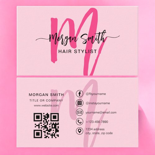 Hot Pink Modern Script QR Code Monogram Name Business Card