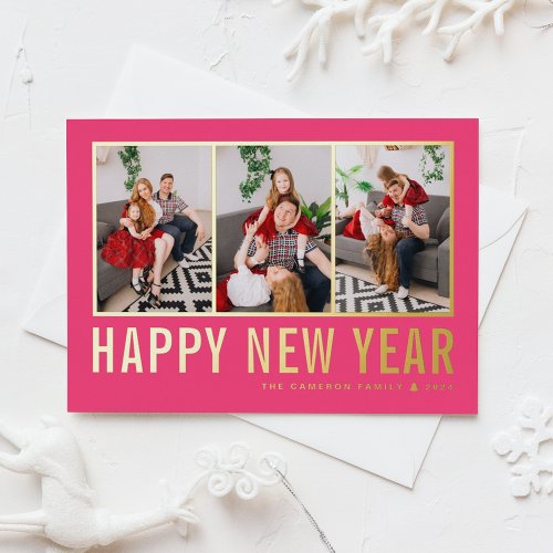 Hot Pink Modern Typography Photo Collage New Year Foil Holiday Card