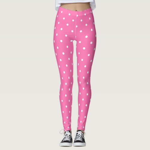 Hot Pink Modern White Circles Dots Chic Template Leggings