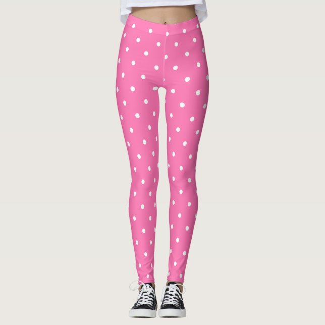 Hot Pink Modern White Circles Dots Chic Template Leggings (Front)