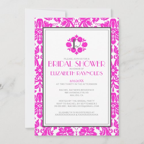 Hot Pink Monogram Damask Bridal Shower Invitations
