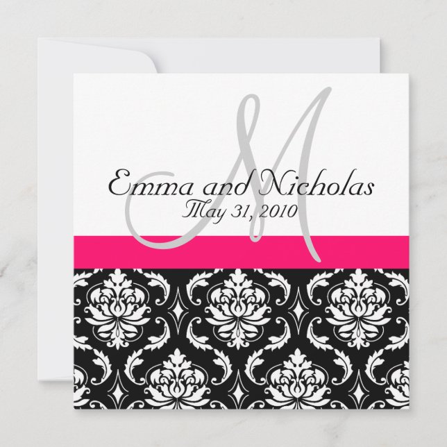 Hot PInk Monogram Damask Wedding Invitation (Front)