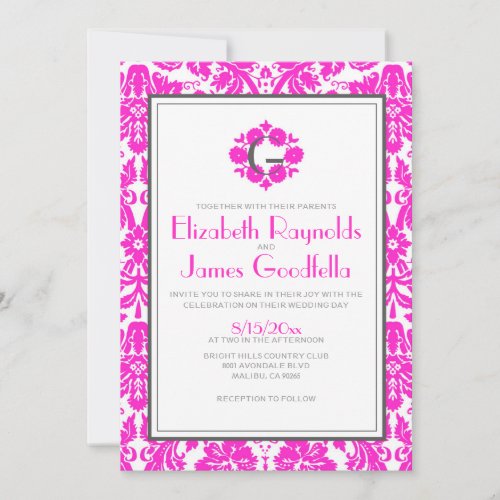 Hot Pink Monogram Damask Wedding Invitations