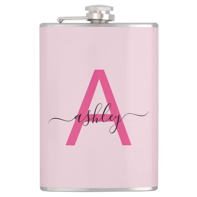 Hot Pink Monogram Girl's Bachelorette Party Flask (Front)
