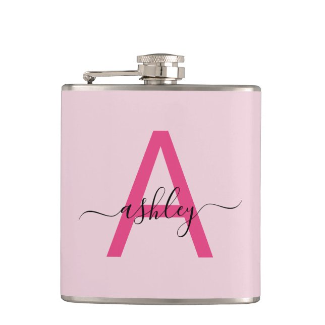 Hot Pink Monogram Girl's Bachelorette Party Flask (Front)
