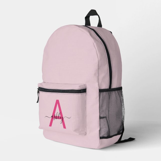 Hot Pink Monogram Girl's Back to School Printed Backpack (Back Corner Right)