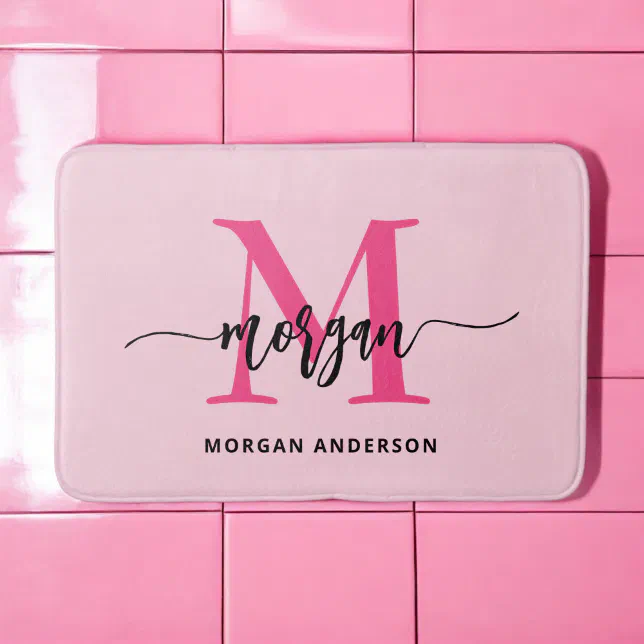 Hot Pink Monogram Girl's Dorm Room Bath Mat