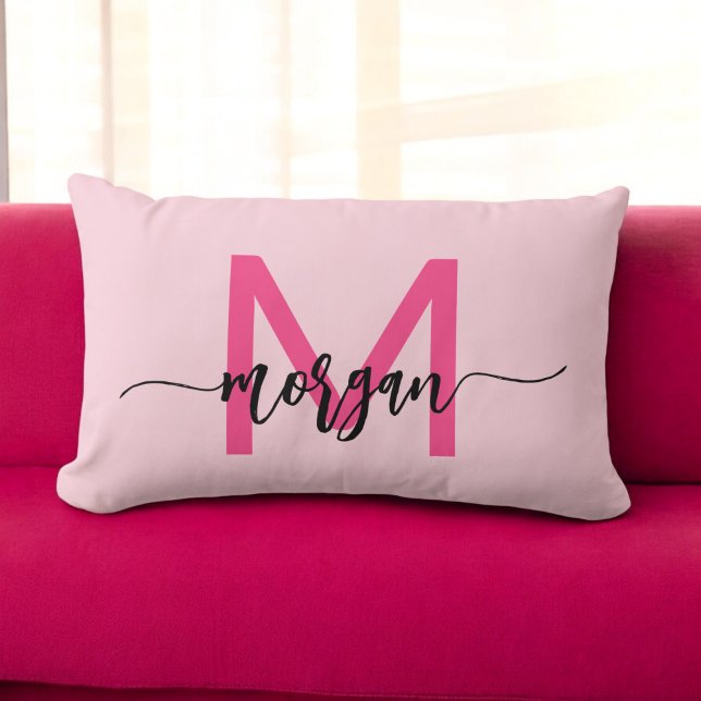 Hot Pink Monogram Girl's Dorm Room Lumbar Pillow (Creator Uploaded)