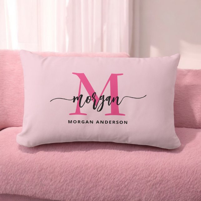 Hot Pink Monogram Girl's Dorm Room Lumbar Pillow (Creator Uploaded)