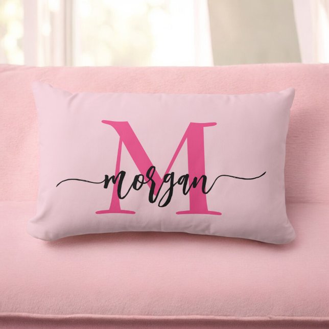 Hot Pink Monogram Girl's Dorm Room Lumbar Pillow (Creator Uploaded)