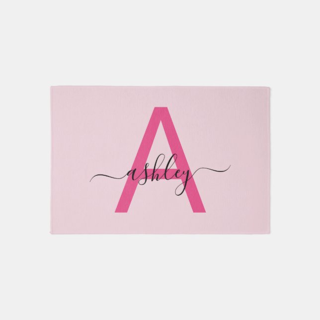 Hot Pink Monogram Girl's Dorm Room Outdoor Rug (Front)