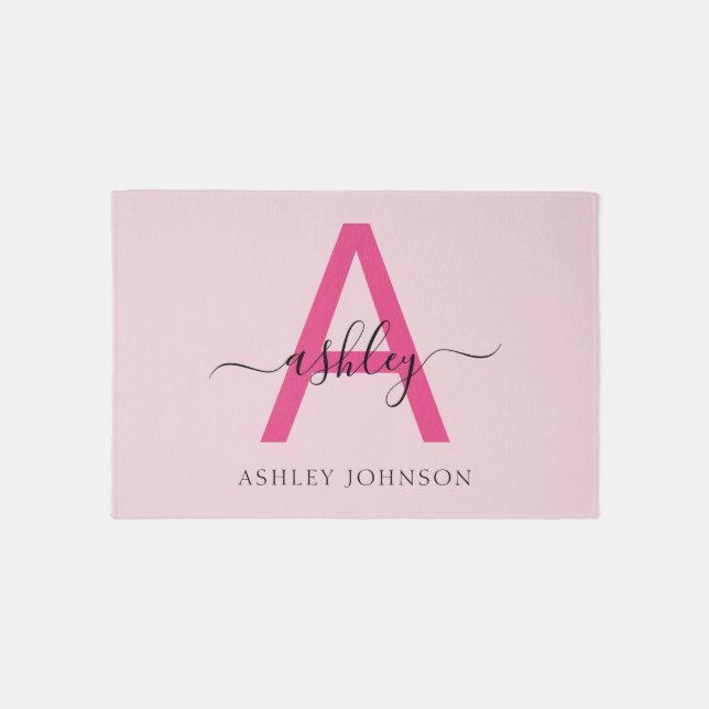 Hot Pink Monogram Girl's Dorm Room Outdoor Rug (Front)