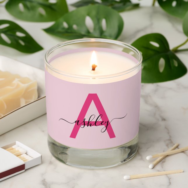 Hot Pink Monogram Girl's Dorm Room Scented Candle (Lit)
