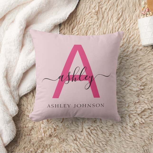 Hot Pink Monogram Girl's Dorm Room Throw Pillow (Blanket)