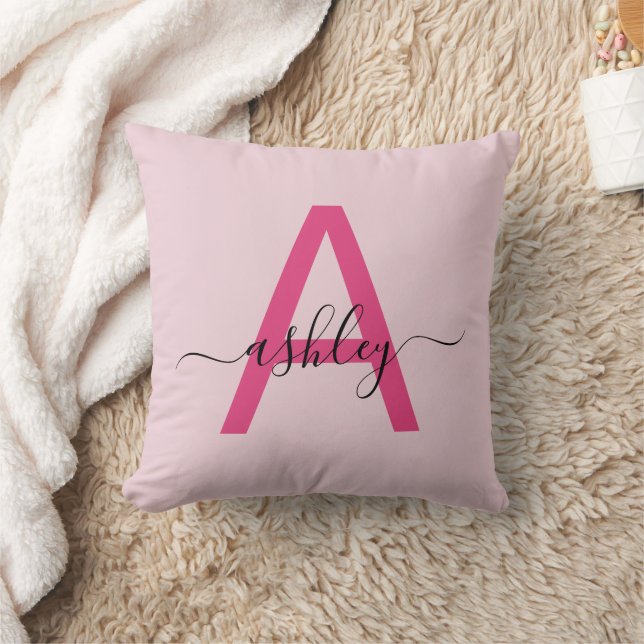 Hot Pink Monogram Girl's Dorm Room Throw Pillow (Blanket)