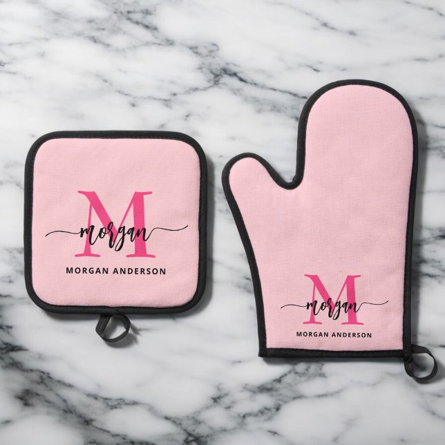 Hot Pink Monogram Girl's Kitchen Script Oven Mitt & Pot Holder Set (Creator Uploaded)
