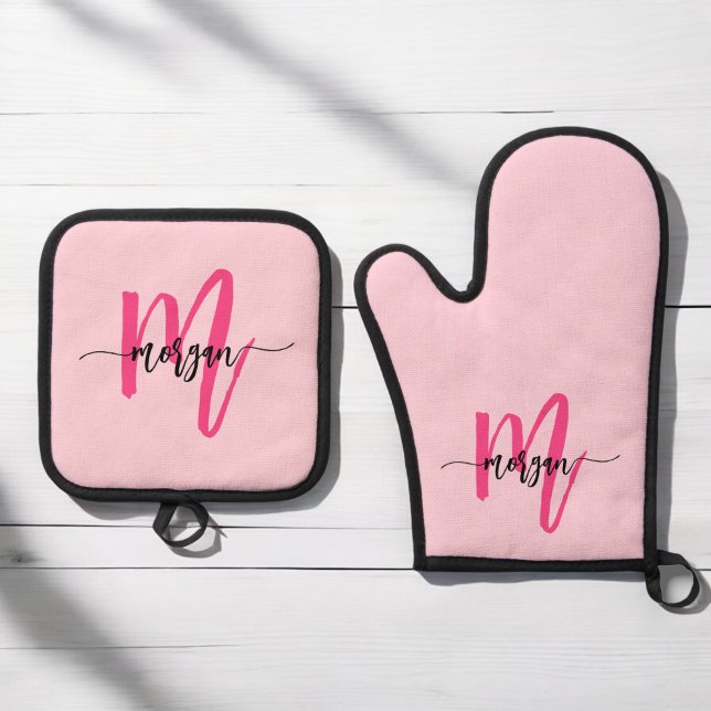 Hot Pink Monogram Girl's Kitchen Script Oven Mitt & Pot Holder Set (Creator Uploaded)