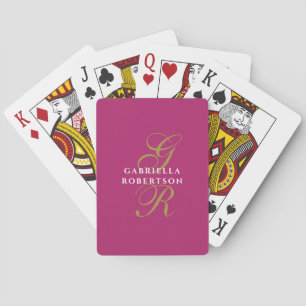 Hot Pink Monogram Gold script Initials White Name Poker Cards