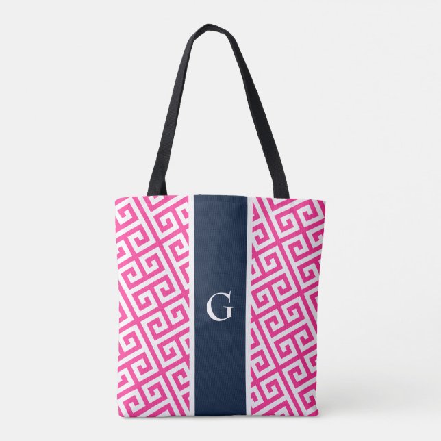 Hot Pink Monogram Greek Key  Tote Bag (Back)