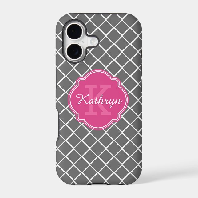 Hot Pink Monogram Grey Diamond Pattern Iphone Case (Back)