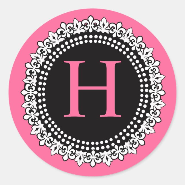Hot Pink Monogram H Fleur de Lis Wedding Sticker (Front)