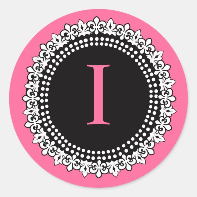 Hot Pink Monogram I Fleur de Lis Wedding Sticker (Front)