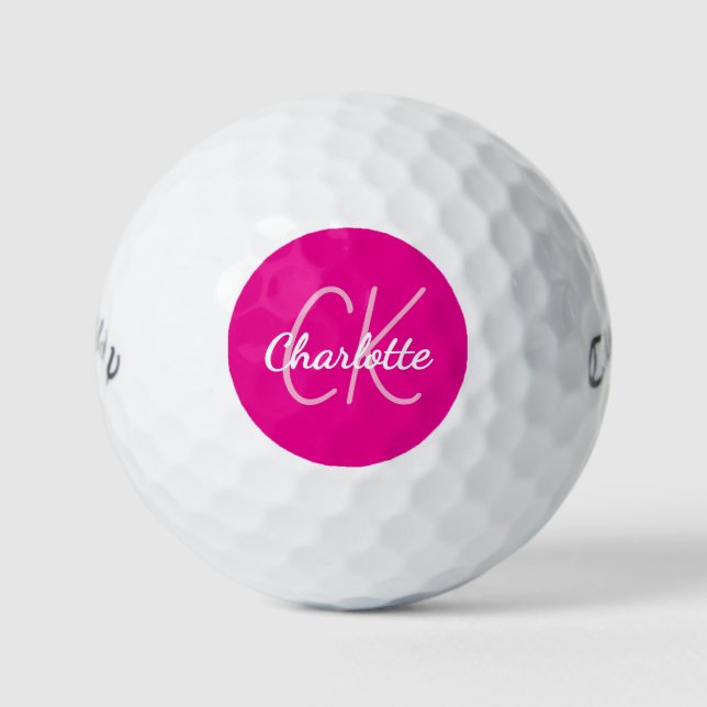 Hot pink monogram initials name women golf balls (Front)