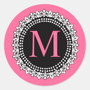 Hot Pink Monogram M Fleur De Lis Wedding Sticker by MonogramGalleryGifts at Zazzle