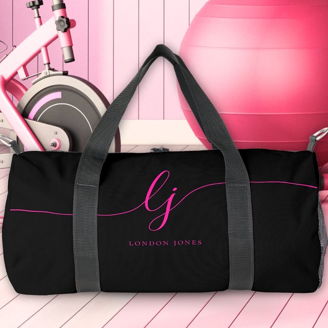 Hot Pink Monogram Modern Girl's Script Initials Duffle Bag (Creator Uploaded)