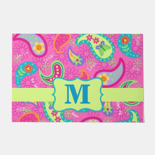 Hot Pink Monogram Modern Paisley Pattern Doormat