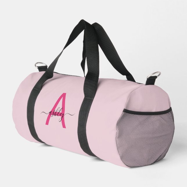 Hot Pink Monogram Name Girl's Script Sports Duffle Bag (Right Corner)