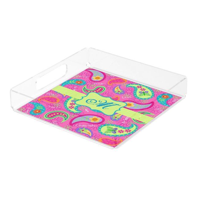 Hot Pink Monogram Personalized Modern Paisley Acrylic Tray (Angled)